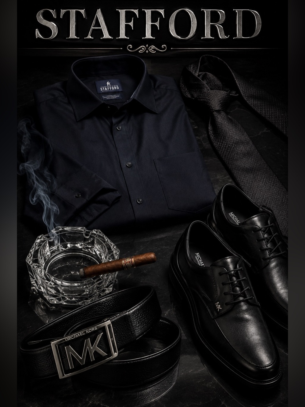 Stafford | Dark Navy Button-Up Dress Shirt with Logo Label